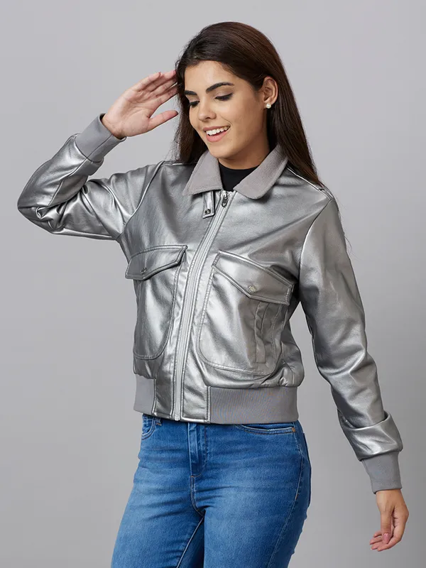 Being Human Bomber Semi  Fit Women Collared Jackets-Gunmetal Silver
